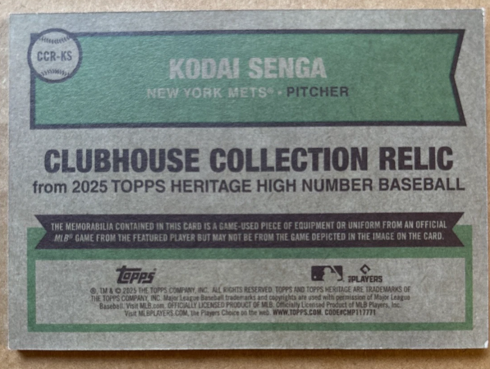 2025 Topps Heritage KODAI SENGA Clubhouse Collection Jersey Patch Relic 1/1